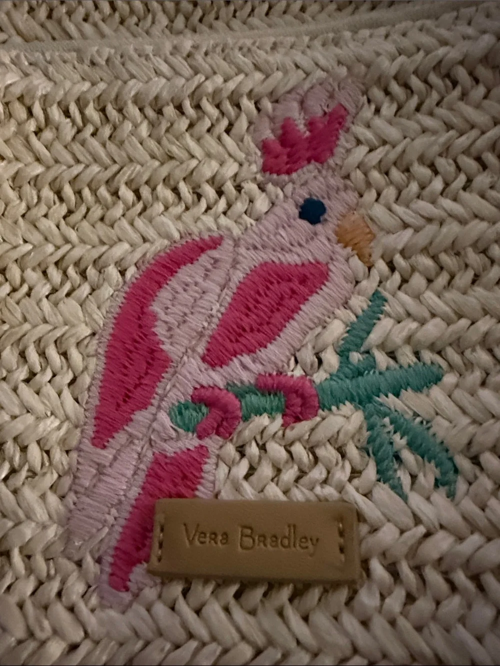 Vera Bradley Mini Cream Convertible Straw Backpack with Pink Parrot Accent